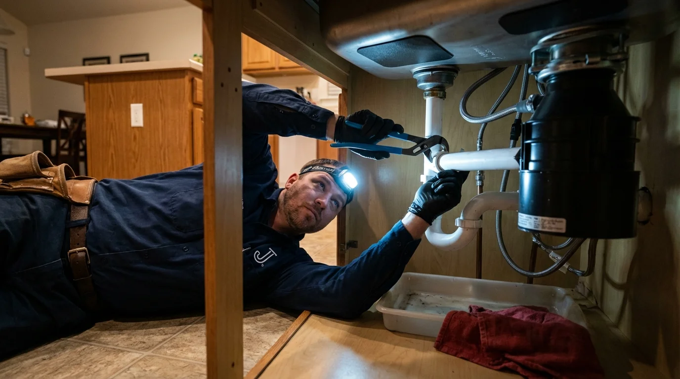 P-trap and supply line connections under a kitchen sink showing a common leak point in Dulac, LA